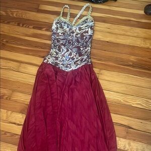 Elegant Red and Silver Gown with Beaded Straps